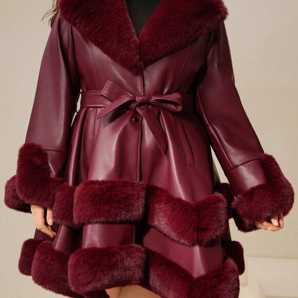 Burgundy Elegant Women's Fluffy Furry Jacket - Picture 6 of 7